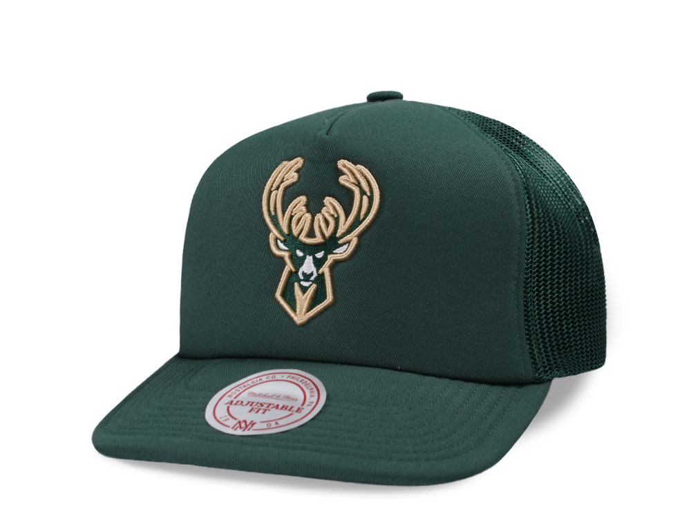 Mitchell & Ness Milwaukee Bucks Green Trucker Adjustable Fit Snapback Hat