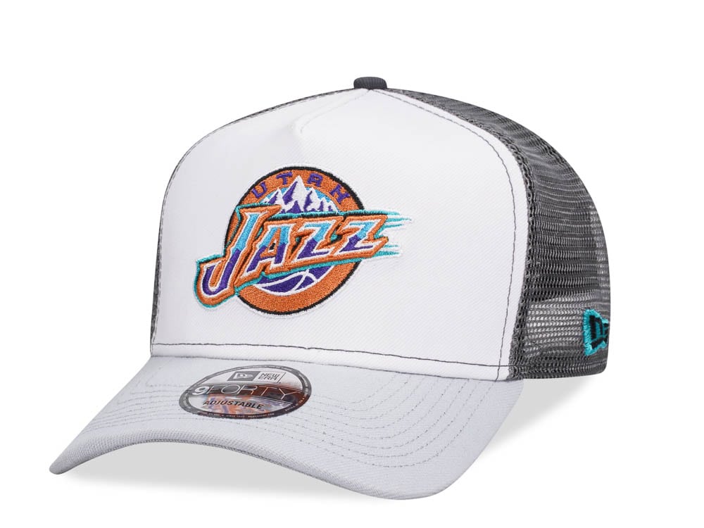 New Era Utah Jazz White Gray Two Tone 9Forty A Frame Trucker Snapback Hat