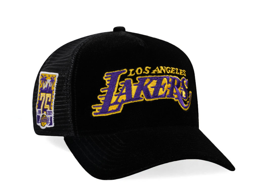 New Era Los Angeles Lakers 75th Anniversary Black Velvet 9Forty A Frame Trucker Snapback Hat