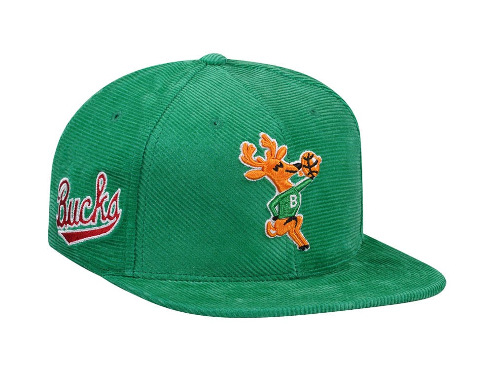 Mitchell & Ness Milwaukee Bucks Green Cord Hardwood Classic Snapback Hat