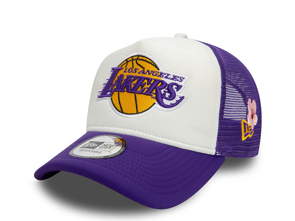 New Era Los Angeles Lakers Flower Purple and White 9Forty A Frame Trucker Snapback Hat