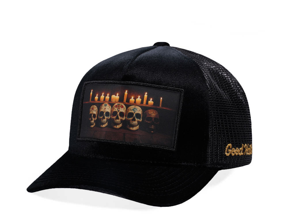 Good Hats Day Of The Dead Black Velour Trucker Snapback Hat