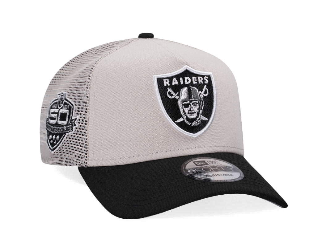 New Era Las Vegas Raiders 50th Anniversary Chrome Two Tone Edition A Frame Trucker Snapback Hat