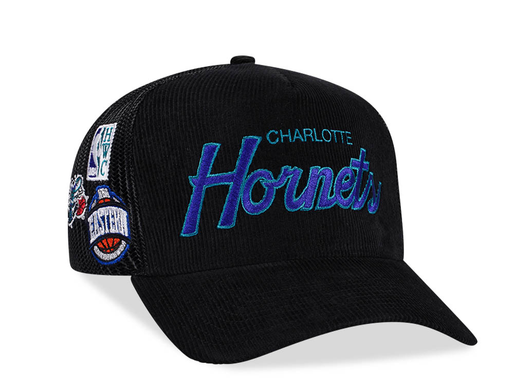 Mitchell & Ness Charlotte Hornets Times up Black Cord Hardwood Classic Trucker Snapback Hat