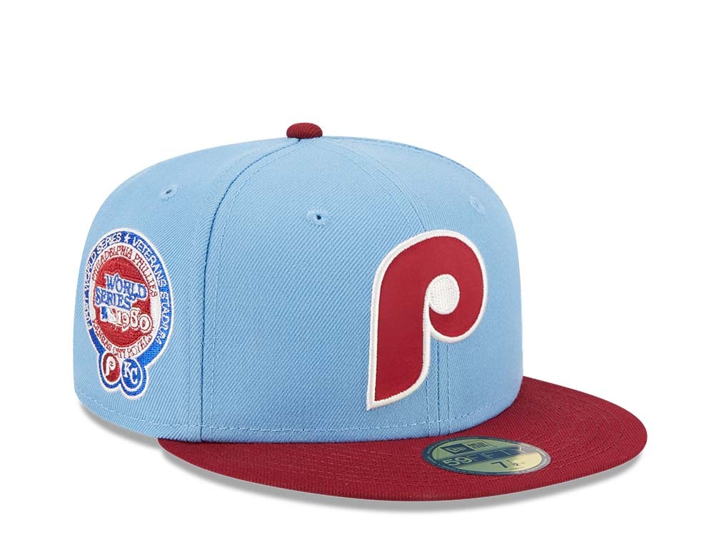 New Era Philadelphia Phillies World Series 1980 Powder Blues Sky Throwback  Two Tone Edition 59Fifty Fitted Hat | FITTED HATS | CAPS | TOPPERZSTORE.COM
